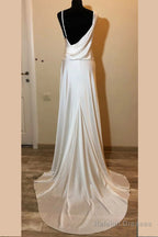 Asymmetrical Neck White Long Bridesmaid Dresses With Slit