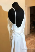 Asymmetrical Neck White Long Bridesmaid Dresses With Slit