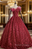 At Great Prices Burgundy Ball Gown Lace Sequins Off the Shoulder Quinceanera Dress