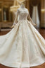 At Great Prices Champagne Tulle Sequins Beading High Neck Long Sleeve Wedding Dress