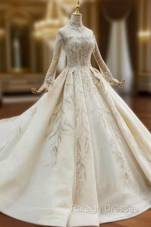 At Great Prices Champagne Tulle Sequins Beading High Neck Long Sleeve Wedding Dresses Main image