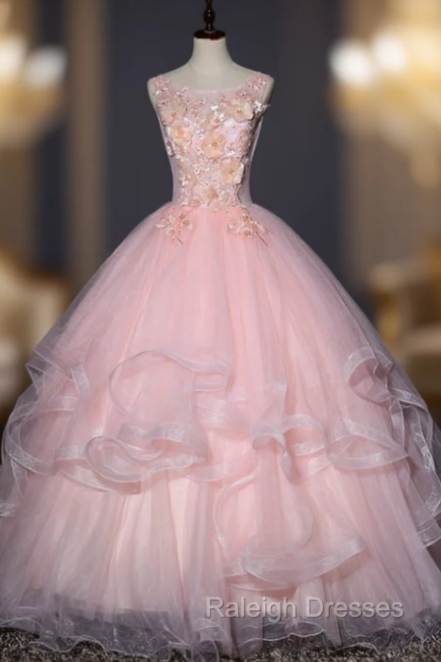 At Great Prices Pink Ball Gown Tulle Appliques Sleeveless Quinceanera Dress