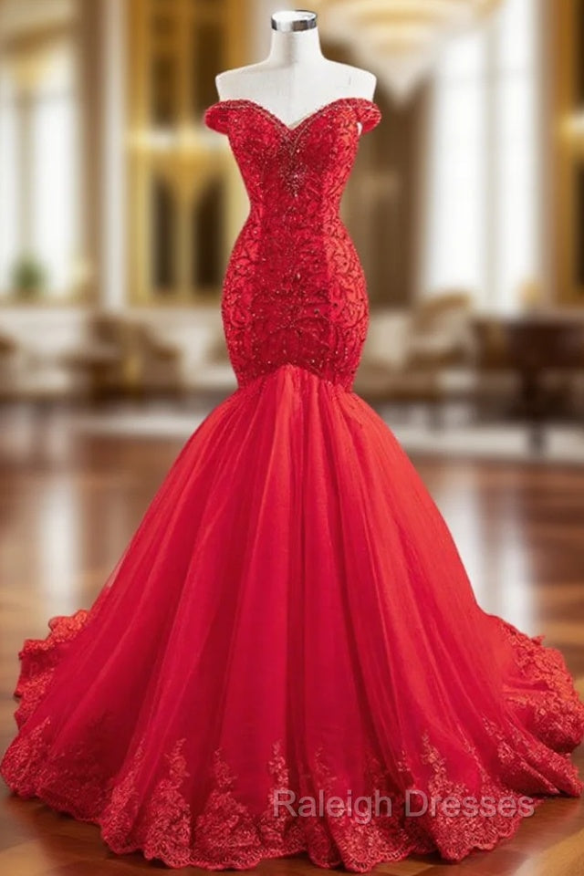At Great Prices Red Mermaid Tulle Off the Shoulder Handwork Prom Dress Main image