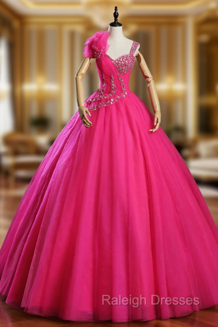 At Incredible Price Fuchsia Ball Gown Tulle Pleats Crystal Quinceanera Dress Main image