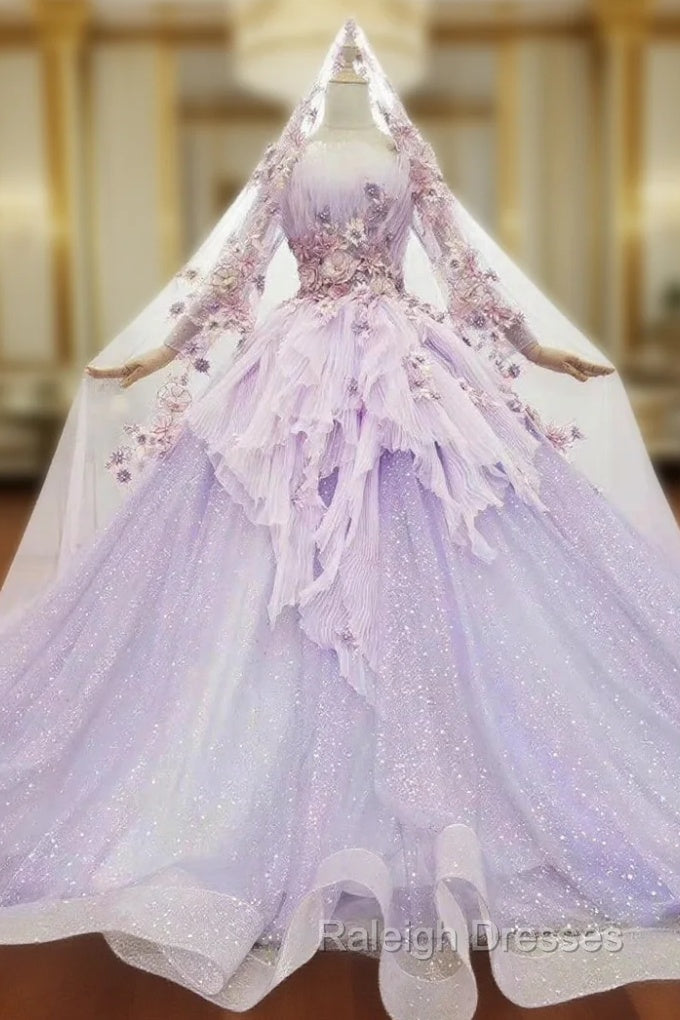 At Incredible Price Purple Ball Gown Tulle Long Sleeve Appliques Pleats Wedding Dress Main image