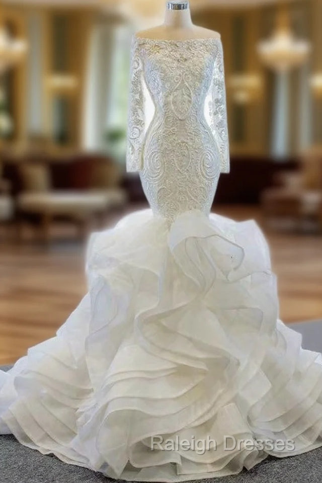 At Incredible Price White Mermaid Tulle Off the Shoulder Long Sleeve Wedding Dress Main image