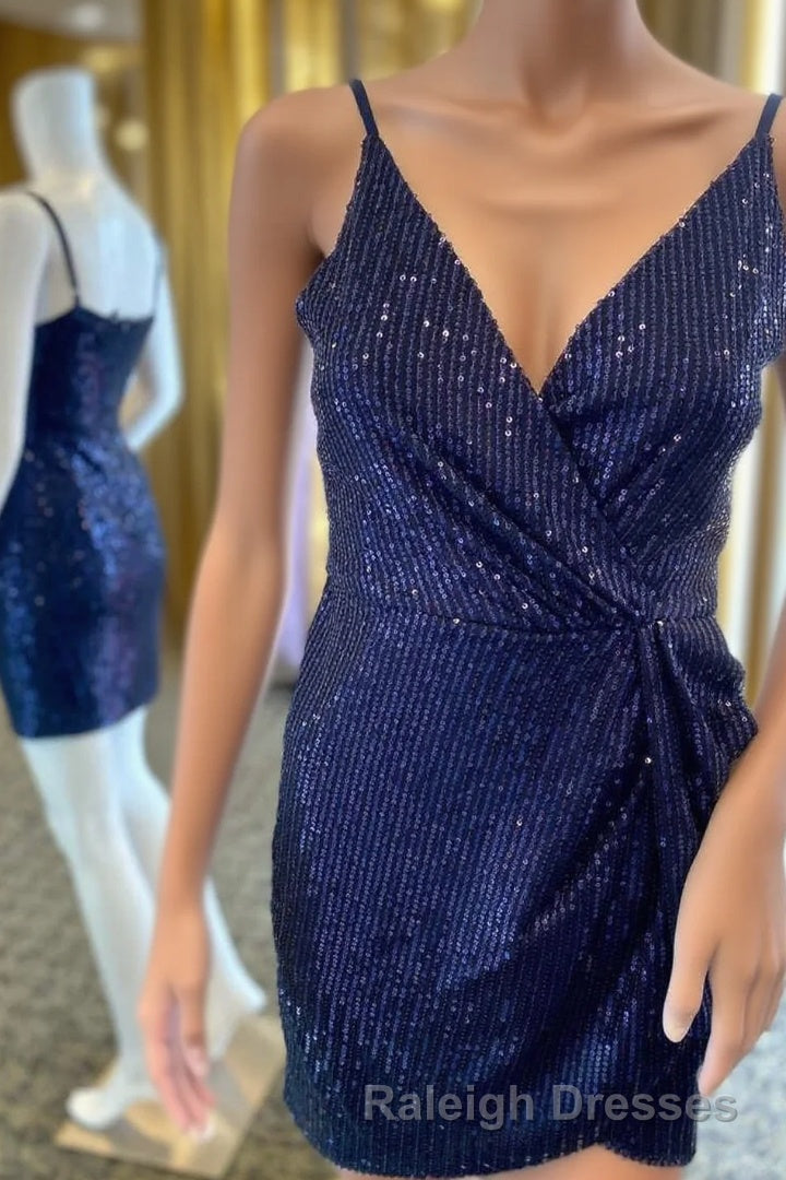 Navy Blue Sequins V Neck Mini Homecoming Dresses
