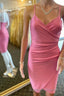 Straps Pink Ruched Tight Mini Dress