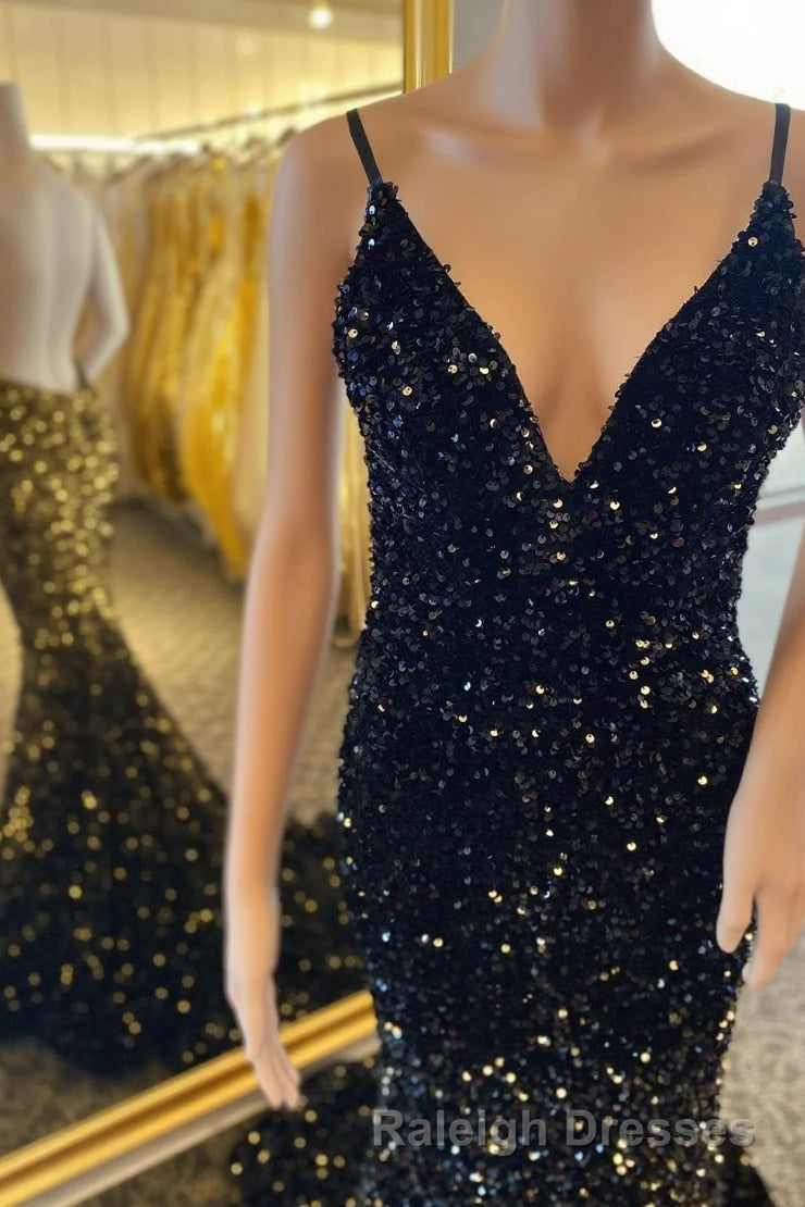 Open Back Sequin Mermaid V Neck Long Prom Dress