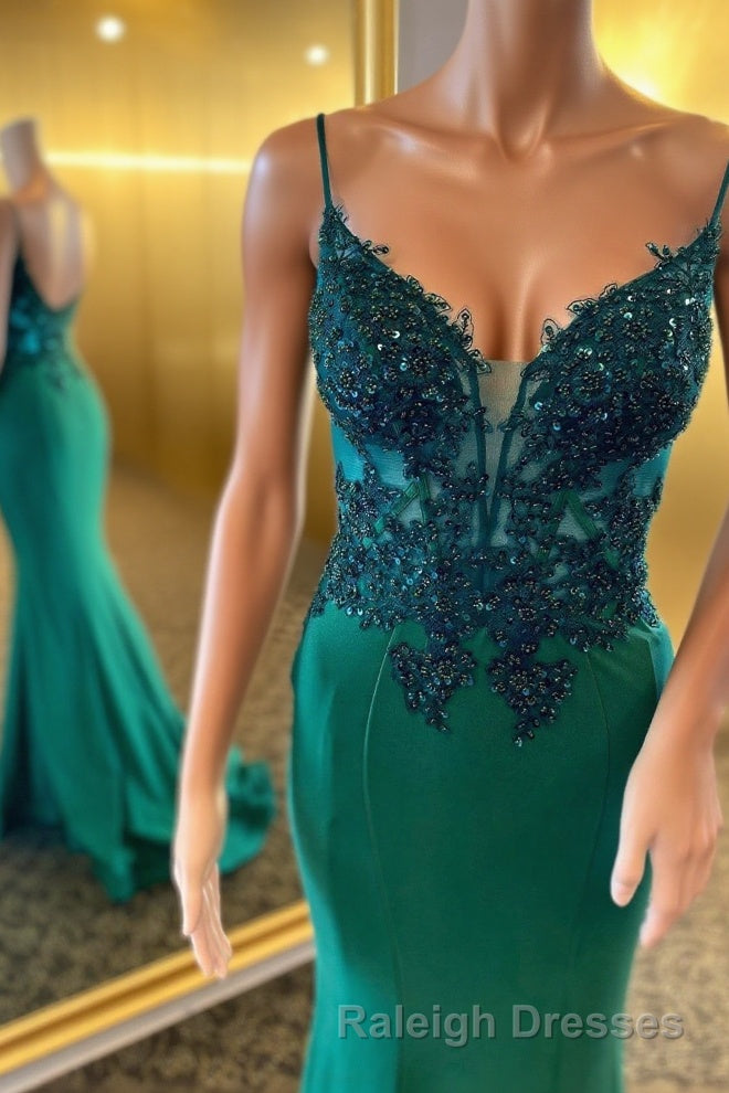 Straps Green Appliques Mermaid Long Formal Dress Main image