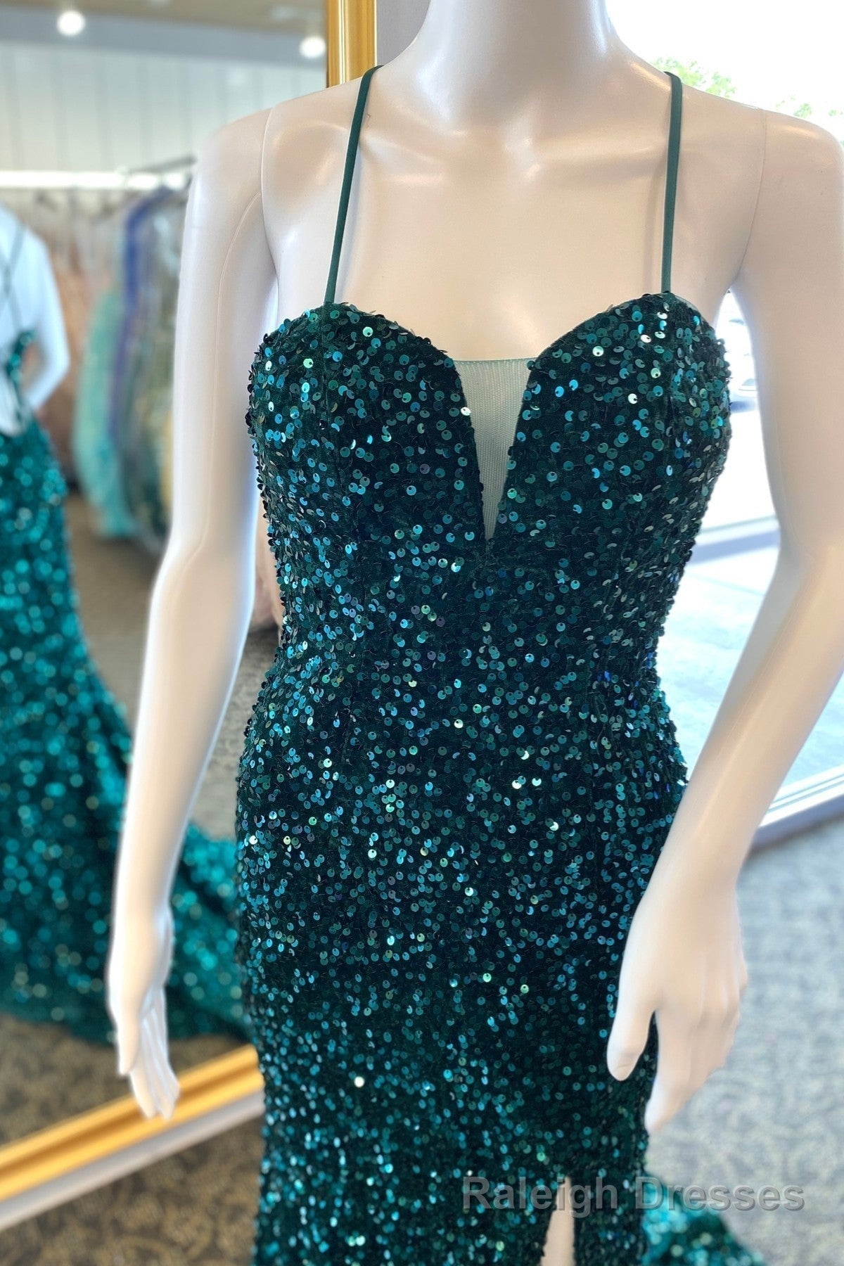 Hunter Green Sequins Deep V Neck Lace-Up Long Prom Dress with Slit Main image