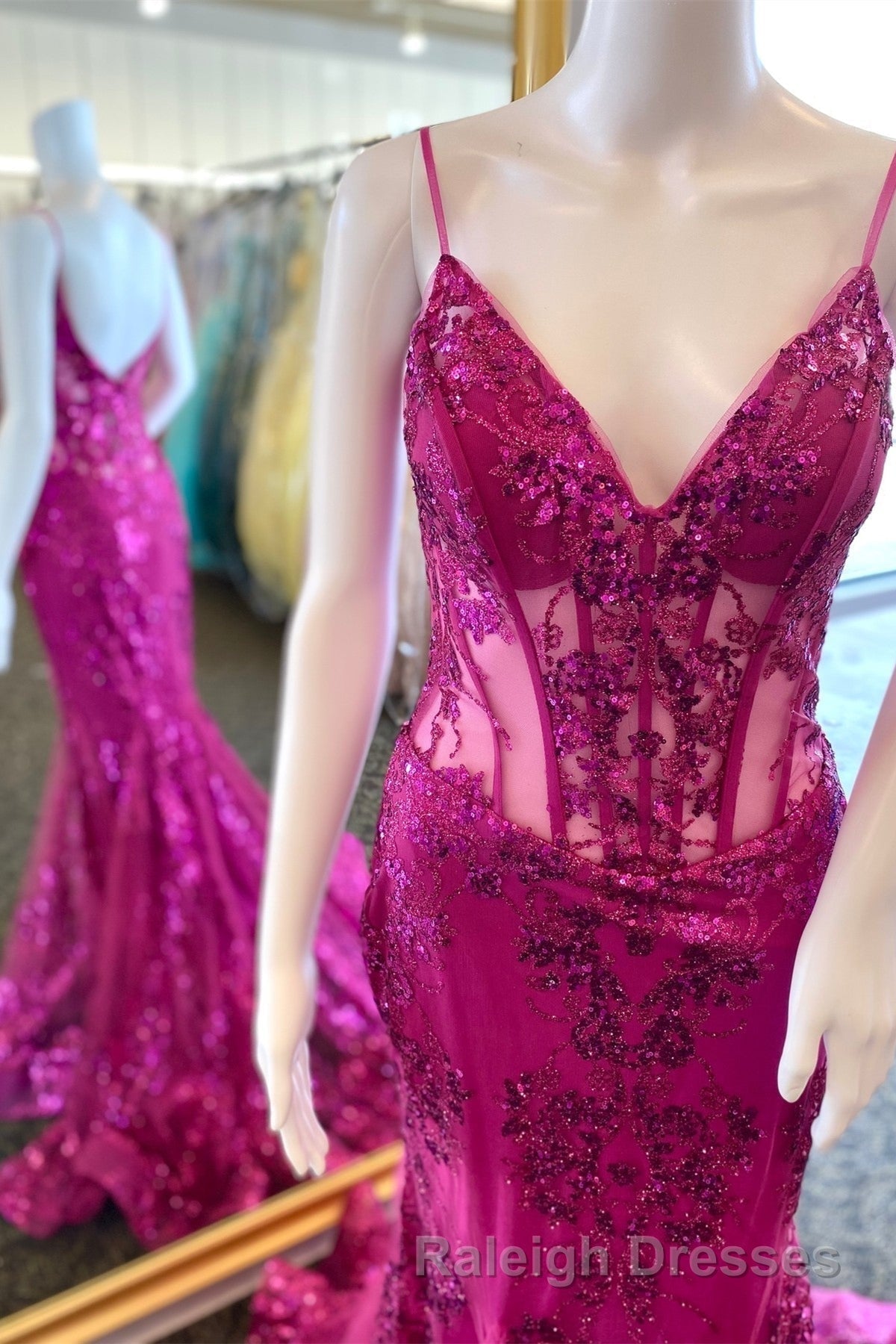 Fuchsia Mermaid Sequined Embroidery Tulle Long Prom Dresses Secondary image