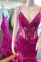 Fuchsia Mermaid Sequined Embroidery Tulle Long Prom Dresses