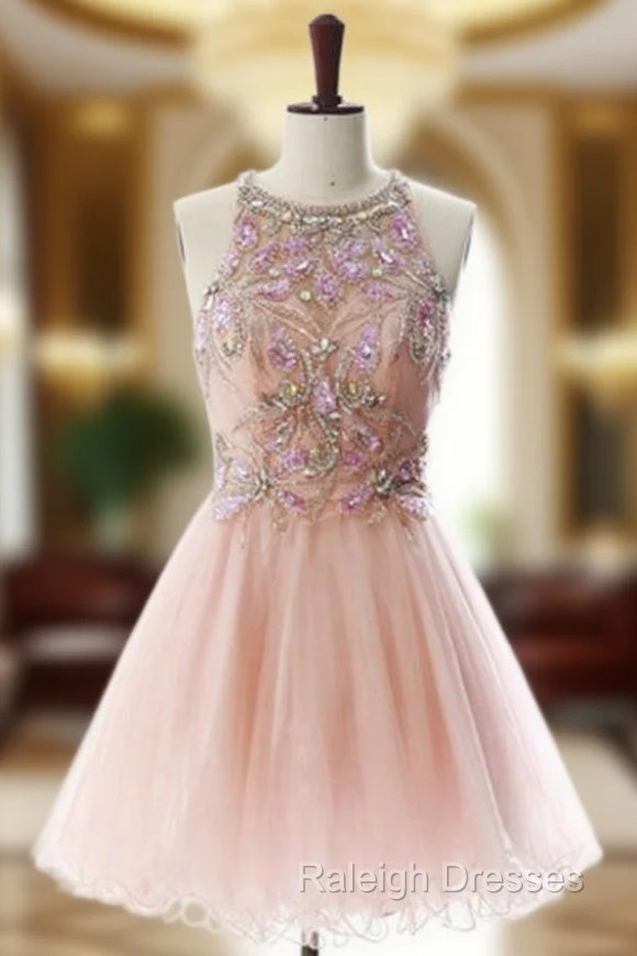 Attractive A lines Pink Homecoming Dresses Open Back Sleeveless Beaded Scoop Mini Homecoming Dress