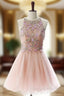 Attractive A lines Pink Homecoming Dresses Open Back Sleeveless Beaded Scoop Mini Homecoming Dress