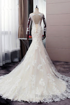 Autumn Long Sleevess Mermaid Lace appliques Ivory Wedding Dress