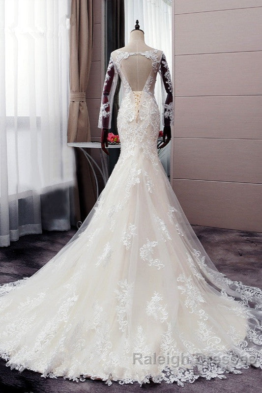 Autumn Long Sleevess Mermaid Lace appliques Ivory Wedding Dress