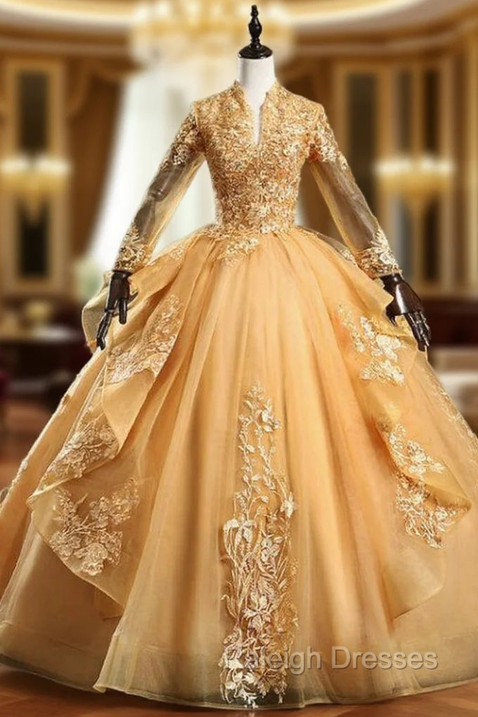 Available In Sizes 0-24 Gold Ball Gown Tulle Appliques Long Sleeve Backless Quinceanera Dress