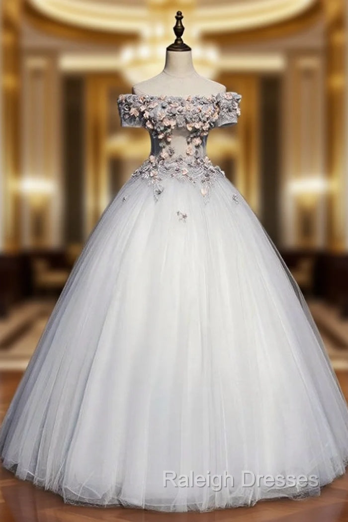 Available In Sizes 0-24 Gray Ball Gown Tulle Appliques Off the Shoulder Short Sleeve Quinceanera Dress