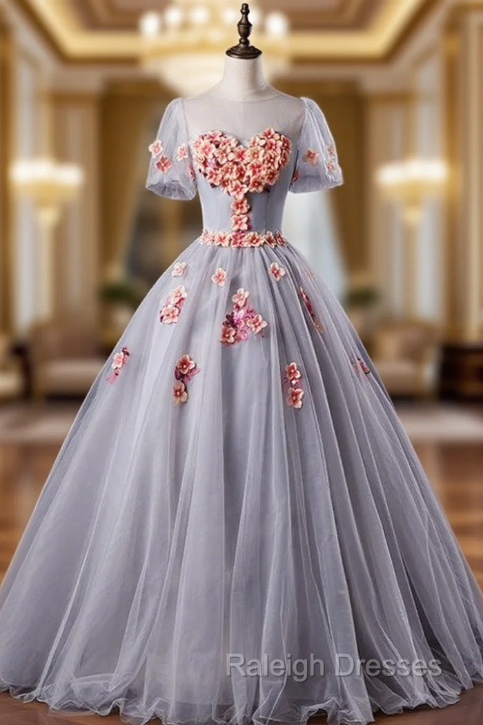 Available In Sizes 0-24 Gray Ball Gown Tulle Appliques Short Sleeve Quinceanera Dress Main image