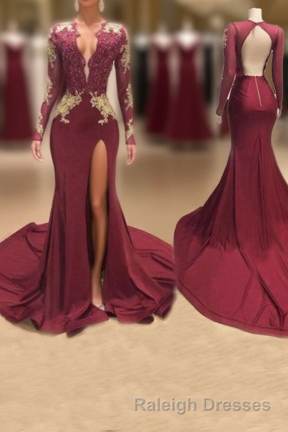 Awesome V-neck Long Sleeve High Slit Mermaid Prom Dress Main image