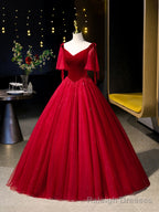 Burgundy Velvet Tulle Floor Length Formal Dress, Burgundy A-Line Evening Party Dress