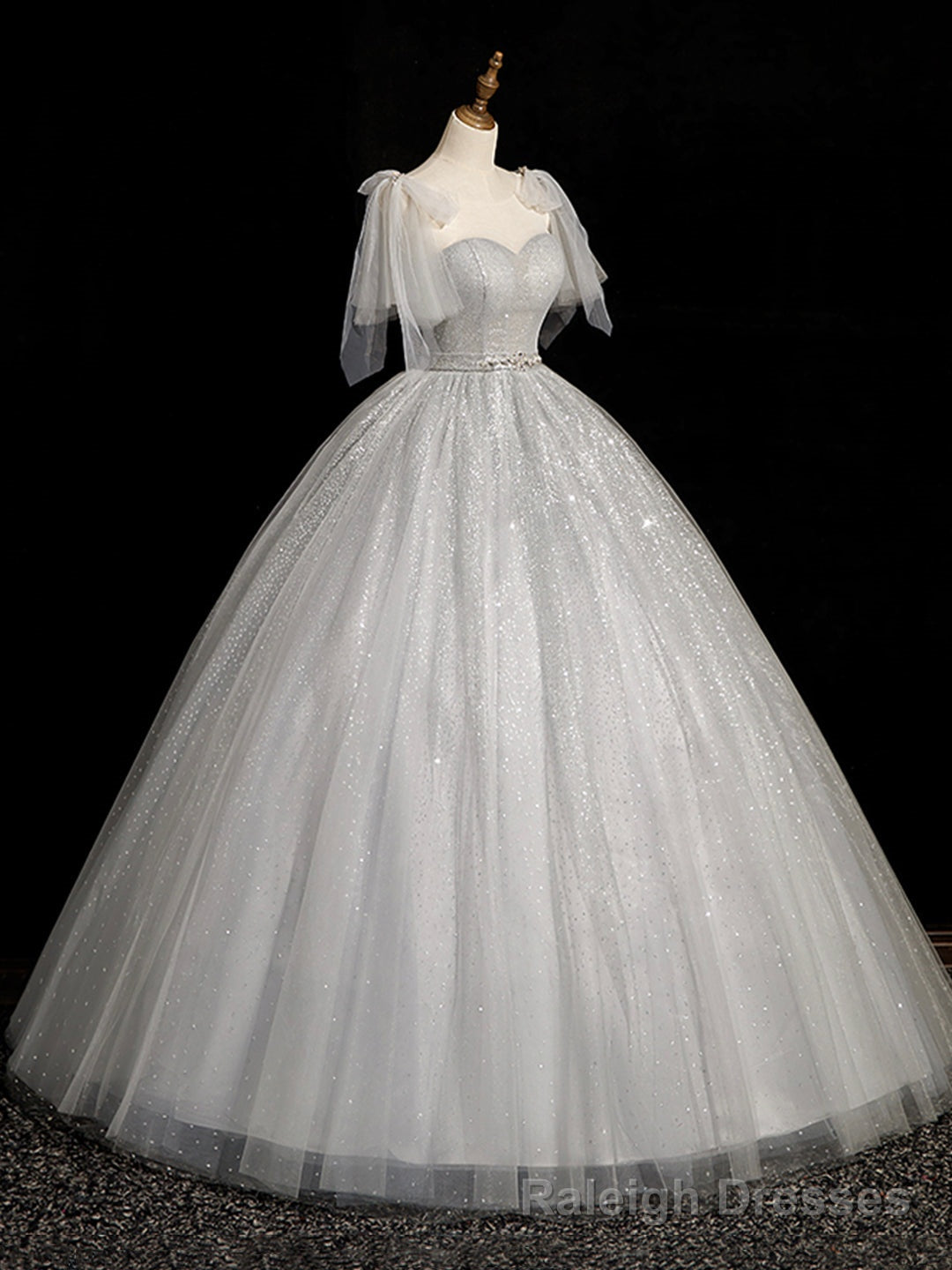 Gray Sparkly Tulle Long Scoop Neckline Prom Dress, Beautiful A-Line Evening Party Dress Secondary image