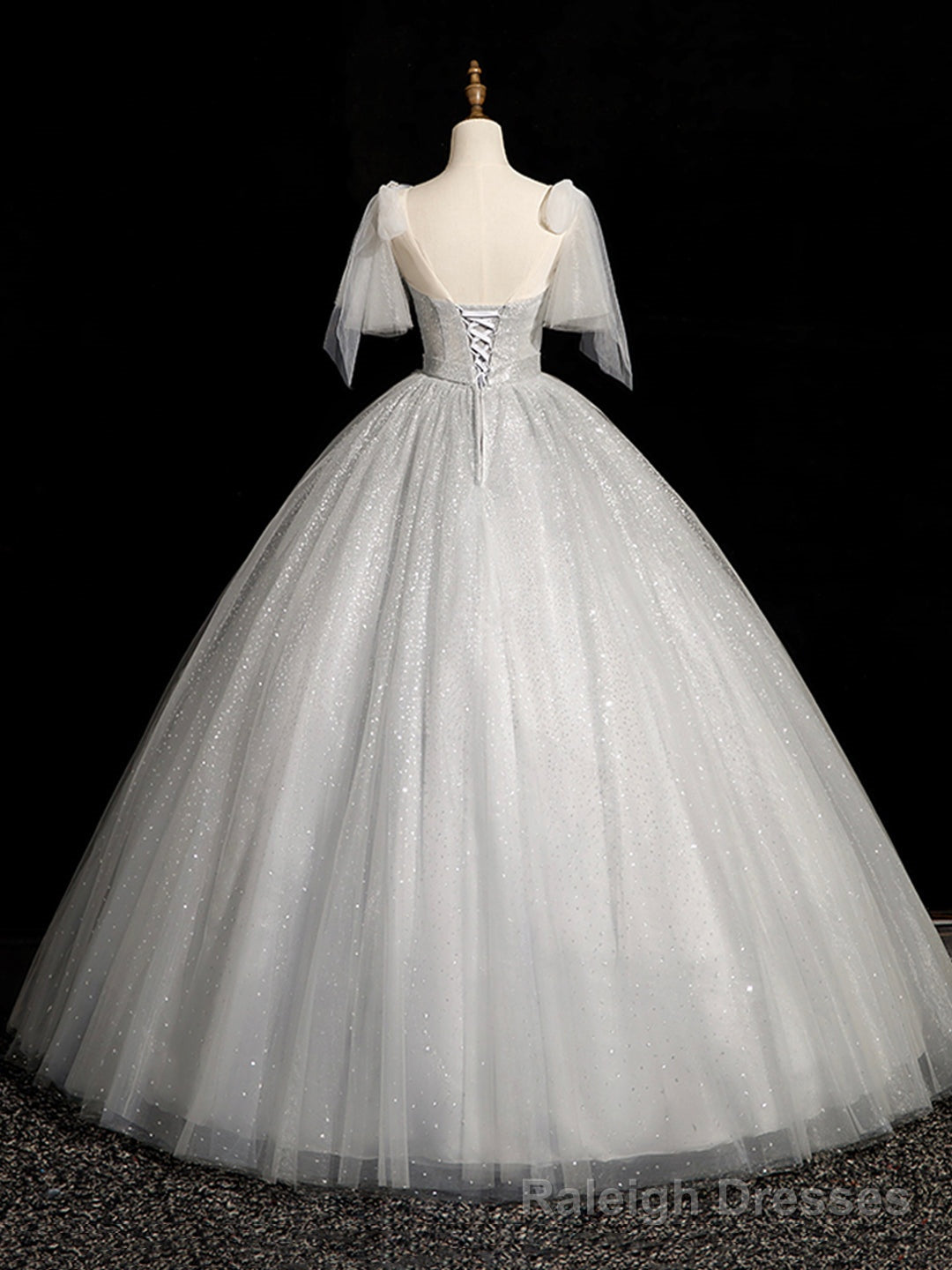 Gray Sparkly Tulle Long Scoop Neckline Prom Dress, Beautiful A-Line Evening Party Dress Main image