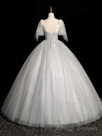 Gray Sparkly Tulle Long Scoop Neckline Prom Dress, Beautiful A-Line Evening Party Dress