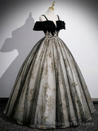 Black Velvet Tulle Sequins Floor Length Prom Dress, Off the Shoulder Evening Party Dress