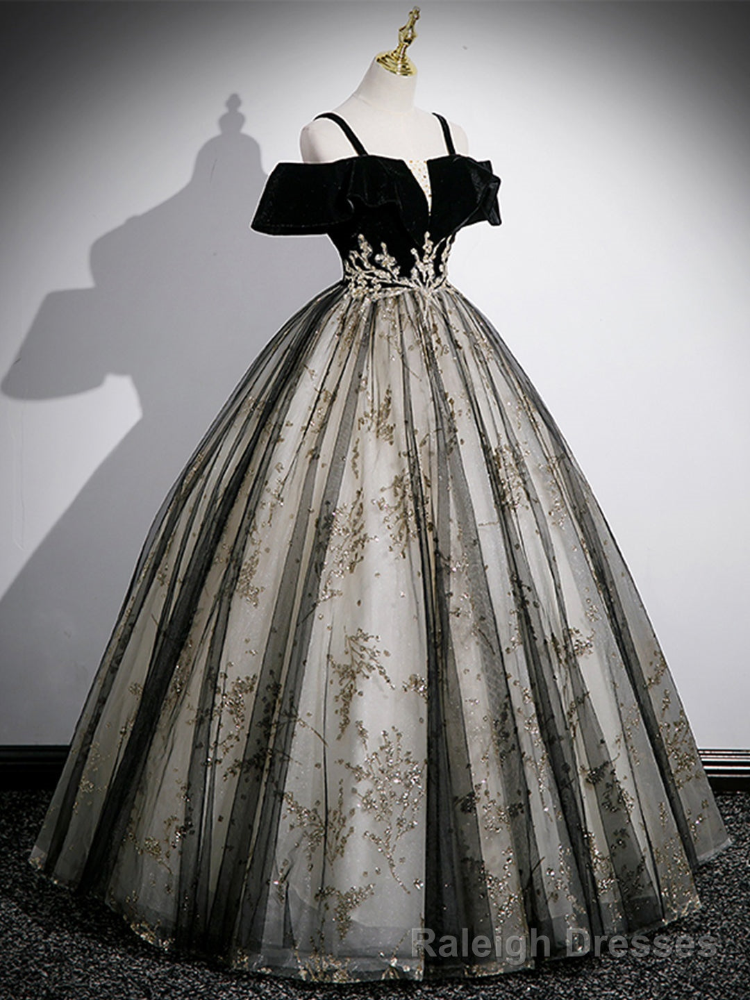 Black Velvet Tulle Sequins Floor Length Prom Dress, Off the Shoulder Evening Party Dress