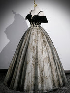 Black Velvet Tulle Sequins Floor Length Prom Dress, Off the Shoulder Evening Party Dress