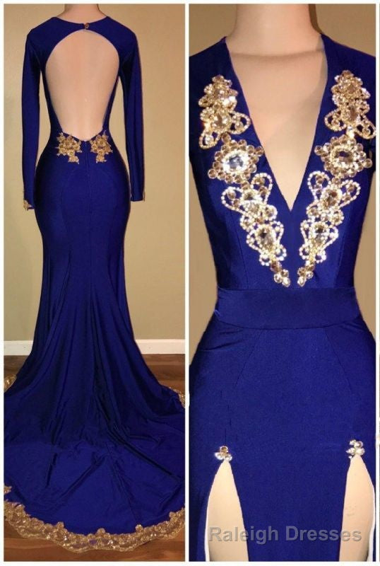 royal blue long sleeve prom dresses cheap gold beads mermaid Prom dress with slit Main image