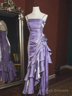 Light Purple Vintage Floral Dress Asymmetrical Hem Prom Gowns