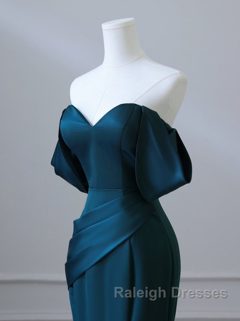 Simple Off Shoulder Satin Ink Blue Long Prom Dress, Ink Blue Long Formal Dress