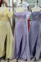 One Shoulder Beading Sweep Train Backless Prom Dresses
