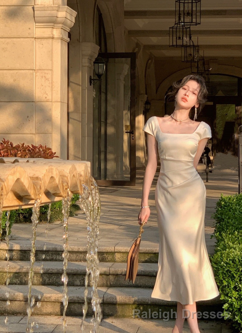 Party Midi Dresses for Women Summer Square Collar Slim Prom Female Clothes Wedding Evening Satin Dress Main image