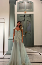 Baby Blue A-Line Exquisite Beaded Tulle Prom Dresses Wedding Guest Dresses