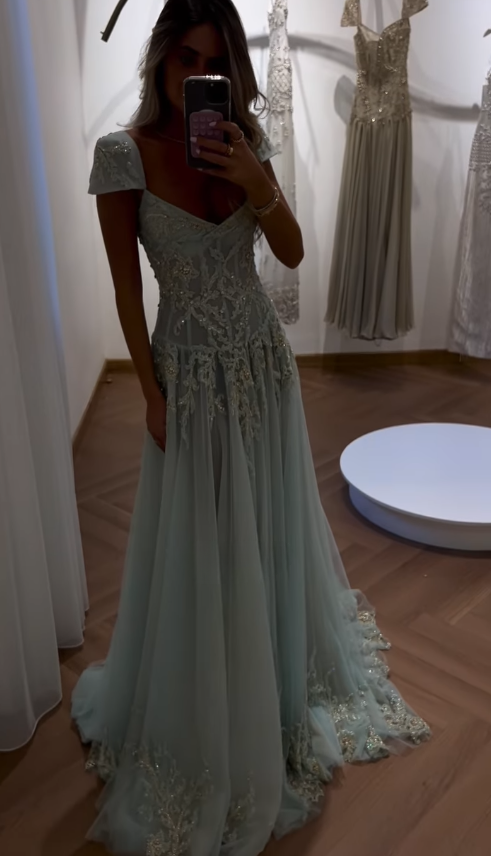 Baby Blue A-Line Exquisite Beaded Tulle Prom Dresses Wedding Guest Dresses