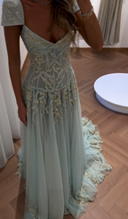 Baby Blue A-Line Exquisite Beaded Tulle Prom Dresses Wedding Guest Dresses