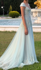 Baby Blue A-Line Exquisite Beaded Tulle Prom Dresses Wedding Guest Dresses