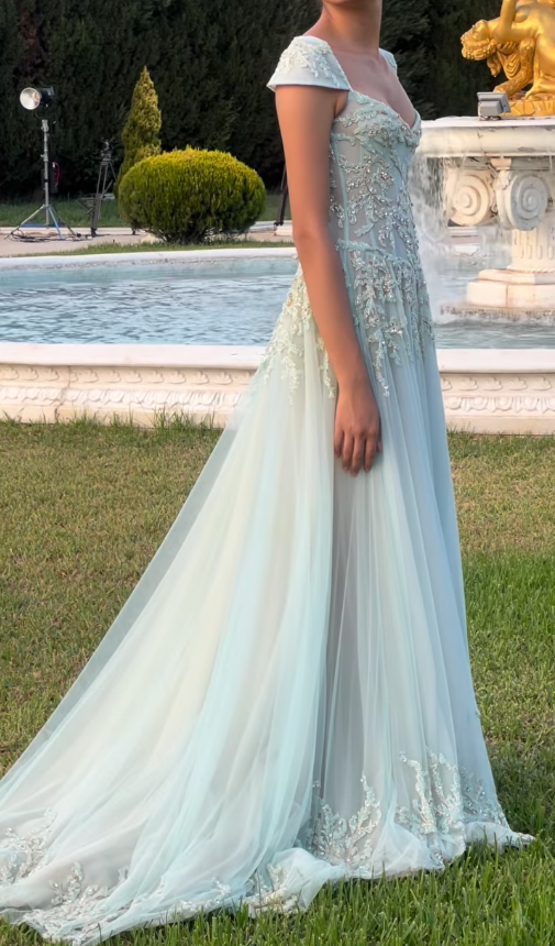 Baby Blue A-Line Exquisite Beaded Tulle Prom Dresses Wedding Guest Dresses