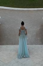 Baby Blue A-Line Exquisite Beaded Tulle Prom Dresses Wedding Guest Dresses