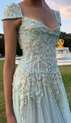Baby Blue A-Line Exquisite Beaded Tulle Prom Dresses Wedding Guest Dresses