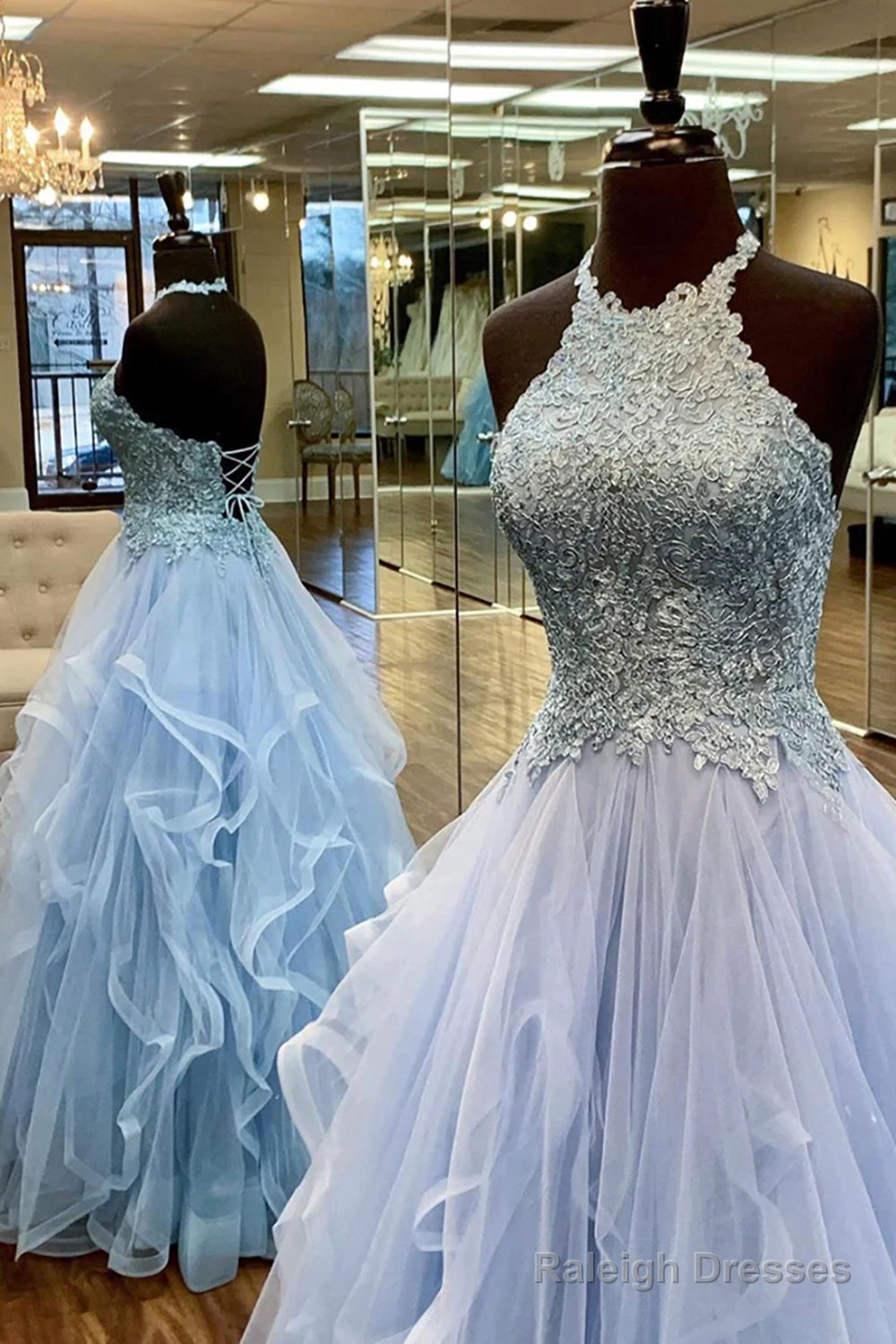 Baby Blue Prom Dress A Line Halter Long Party Evening Dress With Appliques Open Back Main image