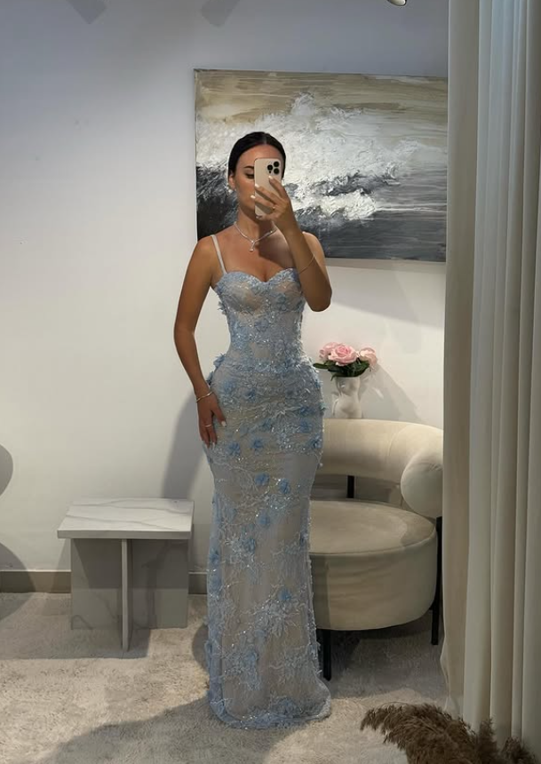 Baby Blue Sheath V Neck Beaded 3D Floral Lace Prom Dresses Prom Dresses