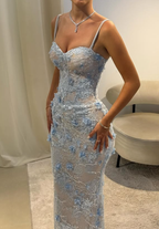 Baby Blue Sheath V Neck Beaded 3D Floral Lace Prom Dresses Prom Dresses