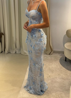 Baby Blue Sheath V Neck Beaded 3D Floral Lace Prom Dresses Prom Dresses