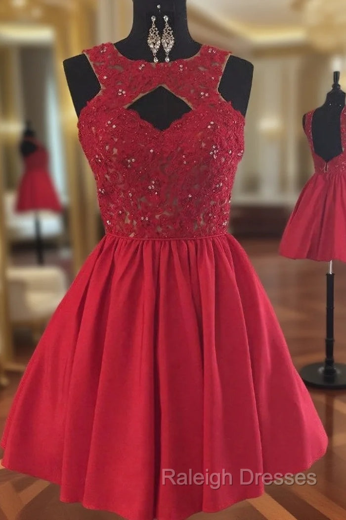 Backless Beaded Lace Red Satin Homecoming Dress Short Prom Gowns