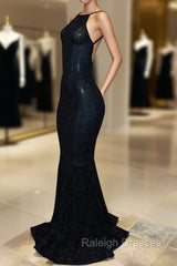 Backless black prom dress, sequins evening gowns